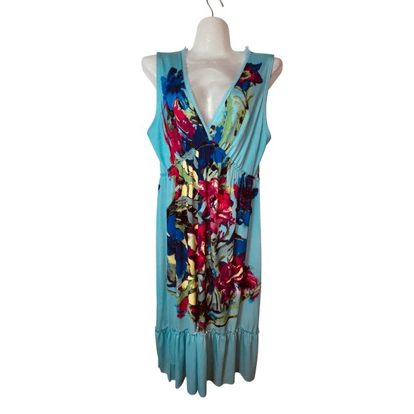 Mushka By Sienna Rose Dresses & Skirts - Vintage Y2K Rose Blue Floral V-Neck Midi Dress Medium Boho Beach Church‎ Party